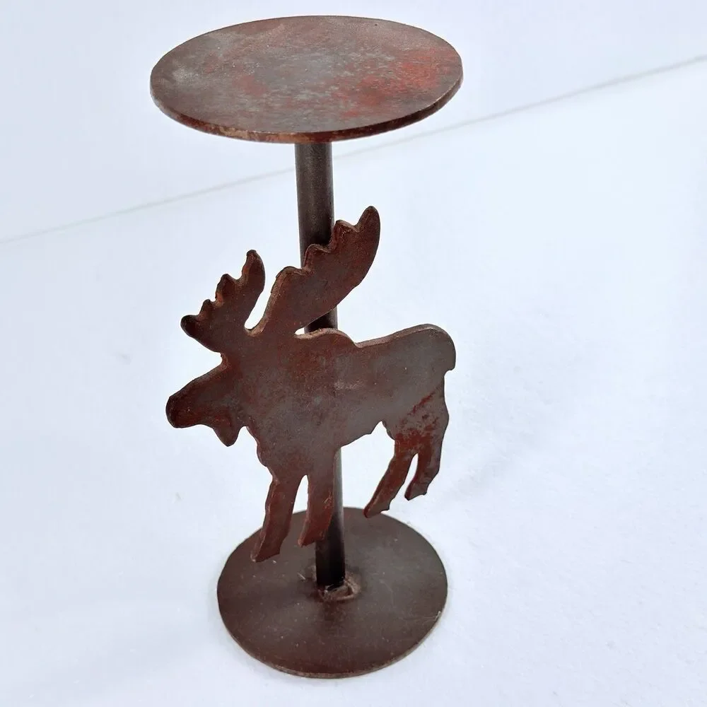 Vintage Metal Moose Pillar Candle Holder With Metal Stand Cabin Lodge Decor
